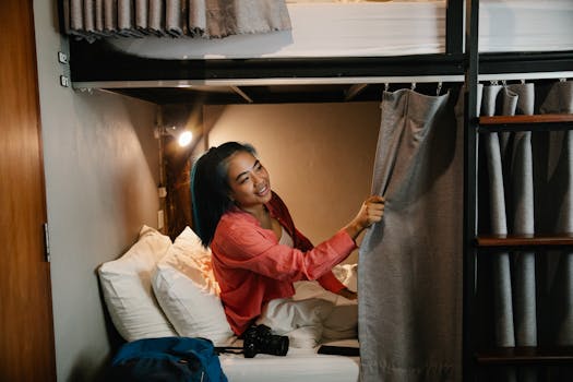 Cozy hostel room with bunk beds